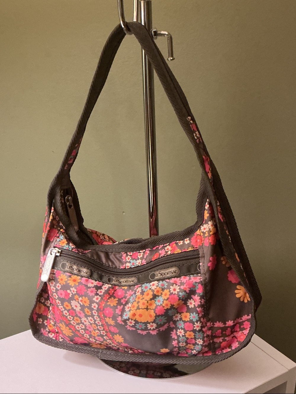 Lesportsac Brown Shoulder Bag with Pink & Orange Floral Pattern EUC